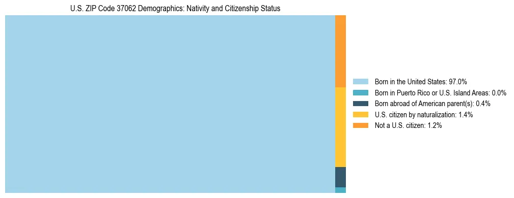 Treemap showing the population distribution by nativity and citizenship status in US ZIP Code 37062 based on U.S. Census data.
