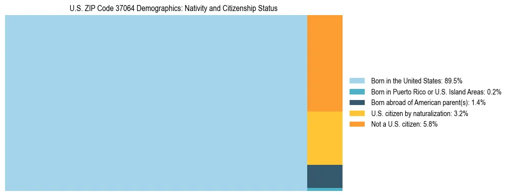 Treemap showing the population distribution by nativity and citizenship status in US ZIP Code 37064 based on U.S. Census data.