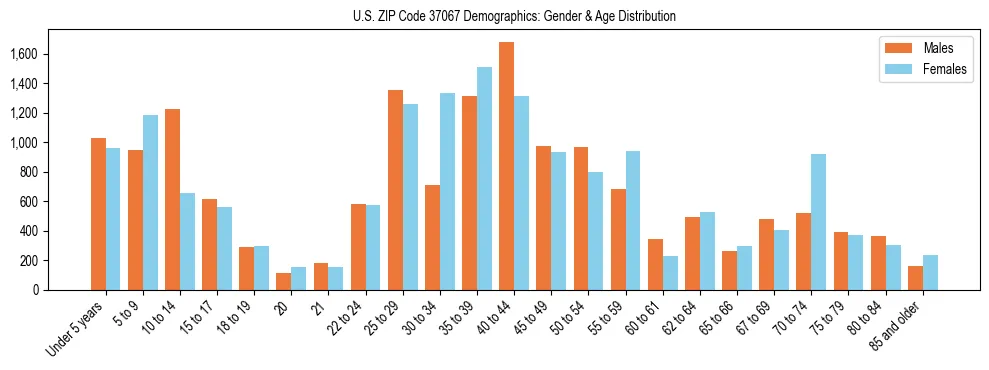 Bar chart showing the population distribution of US ZIP Code 37067 by age group and gender, based on 2023 ACS data.