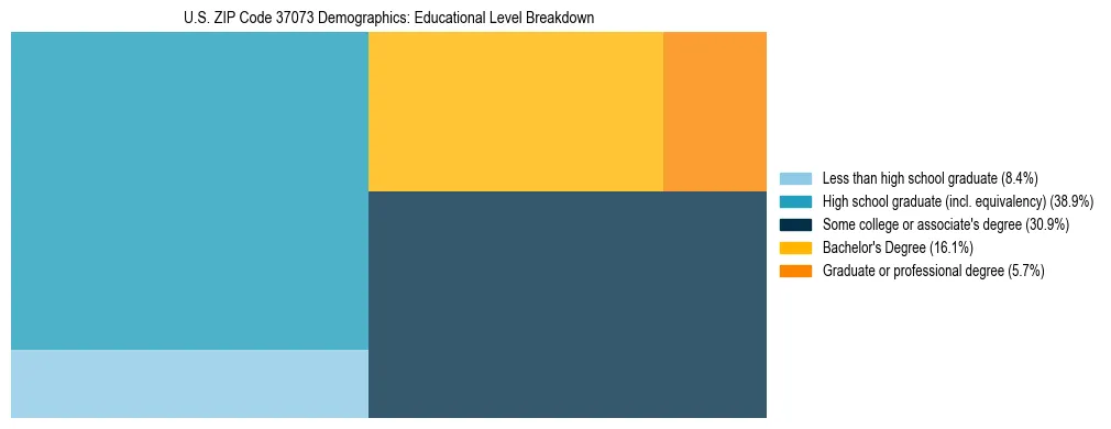 Treemap chart illustrating the educational attainment breakdown for population 25 years and over in US ZIP Code 37073.
