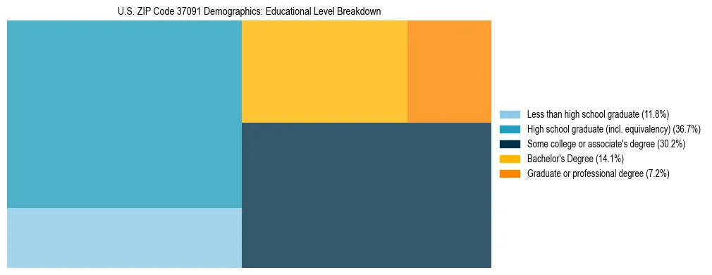 Treemap chart illustrating the educational attainment breakdown for population 25 years and over in US ZIP Code 37091.