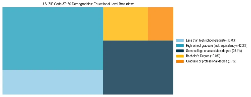 Treemap chart illustrating the educational attainment breakdown for population 25 years and over in US ZIP Code 37160.
