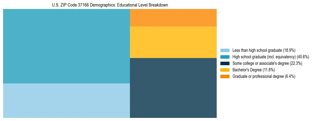 Treemap chart illustrating the educational attainment breakdown for population 25 years and over in US ZIP Code 37166.