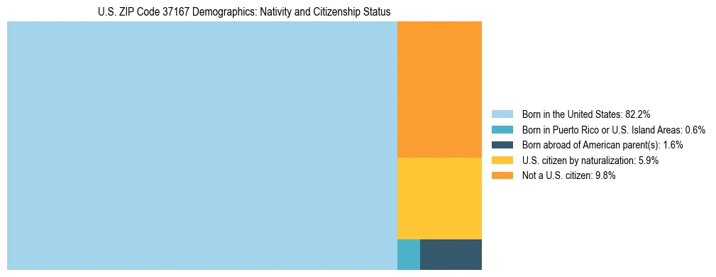 Treemap showing the population distribution by nativity and citizenship status in US ZIP Code 37167 based on U.S. Census data.