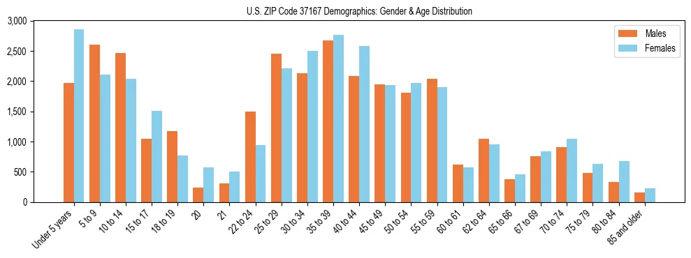 Bar chart showing the population distribution of US ZIP Code 37167 by age group and gender, based on 2023 ACS data.