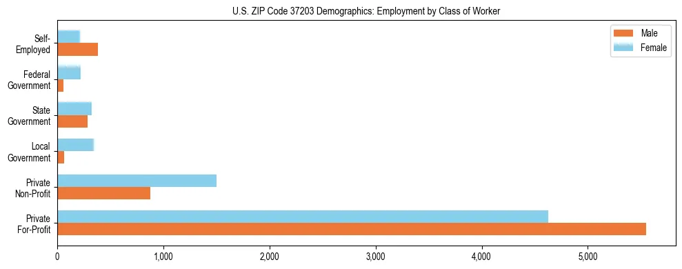 Horizontal bar chart showing employment distribution by class of worker and gender in US ZIP Code 37203, based on 2023 ACS data.