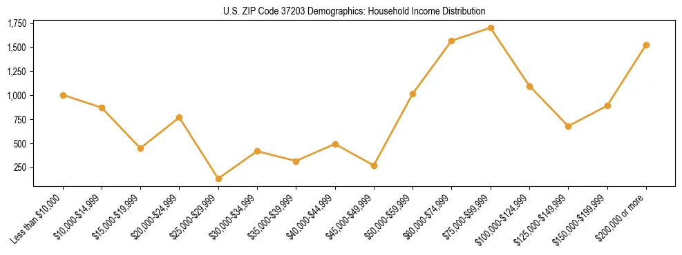 Horizontal bar chart showing household income distribution in US ZIP Code 37203.