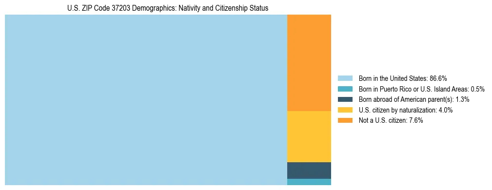 Treemap showing the population distribution by nativity and citizenship status in US ZIP Code 37203 based on U.S. Census data.