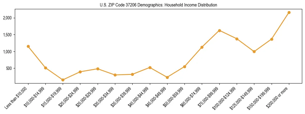 Horizontal bar chart showing household income distribution in US ZIP Code 37206.