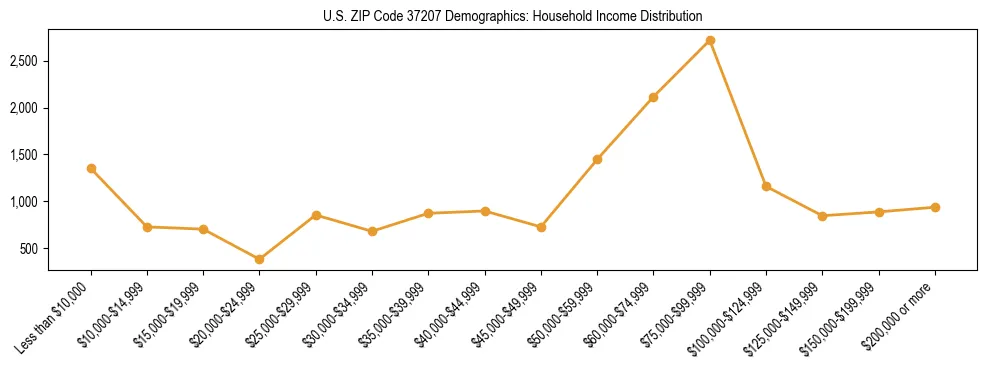 Horizontal bar chart showing household income distribution in US ZIP Code 37207.