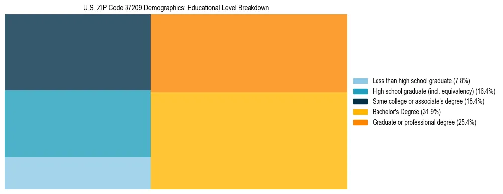 Treemap chart illustrating the educational attainment breakdown for population 25 years and over in US ZIP Code 37209.