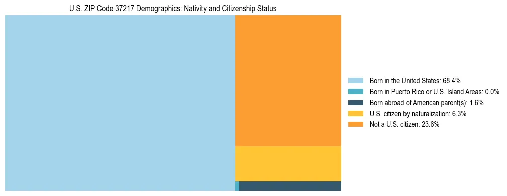 Treemap showing the population distribution by nativity and citizenship status in US ZIP Code 37217 based on U.S. Census data.