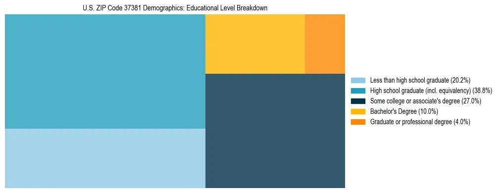 Treemap chart illustrating the educational attainment breakdown for population 25 years and over in US ZIP Code 37381.