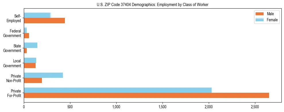 Horizontal bar chart showing employment distribution by class of worker and gender in US ZIP Code 37404, based on 2023 ACS data.