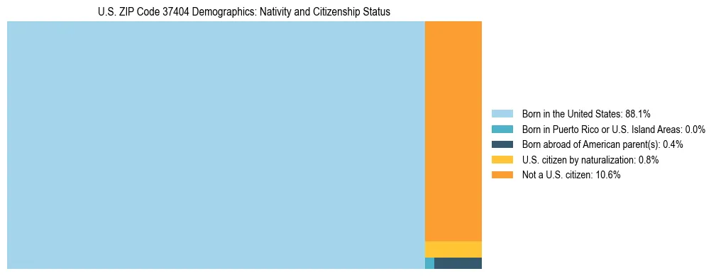 Treemap showing the population distribution by nativity and citizenship status in US ZIP Code 37404 based on U.S. Census data.