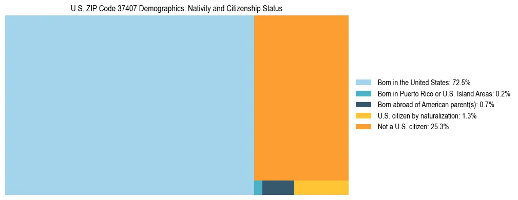 Treemap showing the population distribution by nativity and citizenship status in US ZIP Code 37407 based on U.S. Census data.