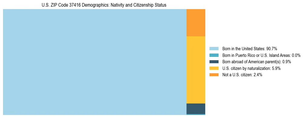 Treemap showing the population distribution by nativity and citizenship status in US ZIP Code 37416 based on U.S. Census data.