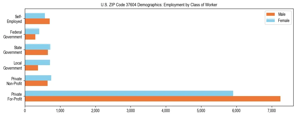 Horizontal bar chart showing employment distribution by class of worker and gender in US ZIP Code 37604, based on 2023 ACS data.