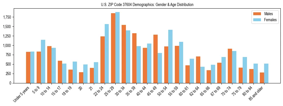 Bar chart showing the population distribution of US ZIP Code 37604 by age group and gender, based on 2023 ACS data.