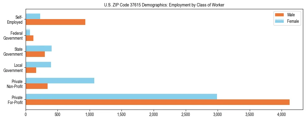 Horizontal bar chart showing employment distribution by class of worker and gender in US ZIP Code 37615, based on 2023 ACS data.