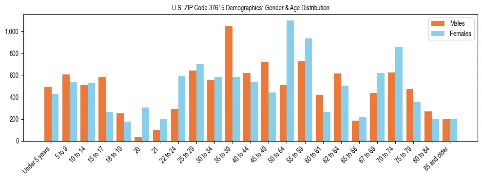 Bar chart showing the population distribution of US ZIP Code 37615 by age group and gender, based on 2023 ACS data.