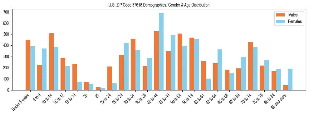 Bar chart showing the population distribution of US ZIP Code 37618 by age group and gender, based on 2023 ACS data.