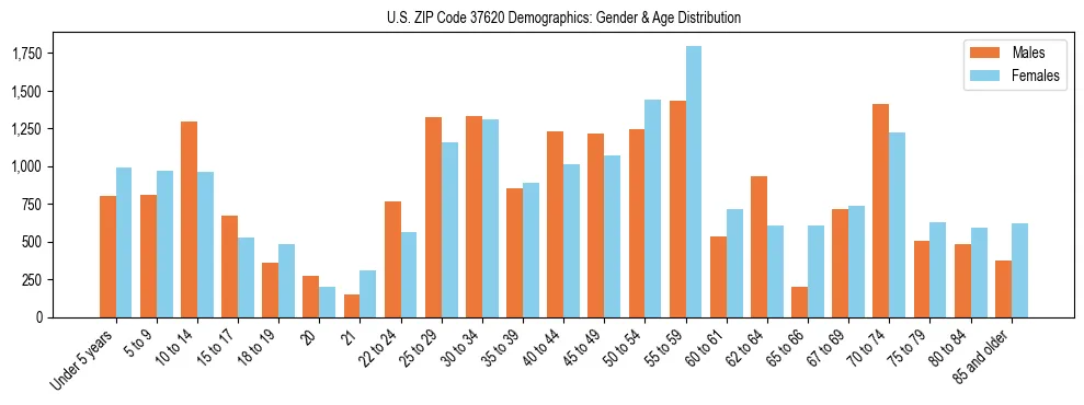 Bar chart showing the population distribution of US ZIP Code 37620 by age group and gender, based on 2023 ACS data.