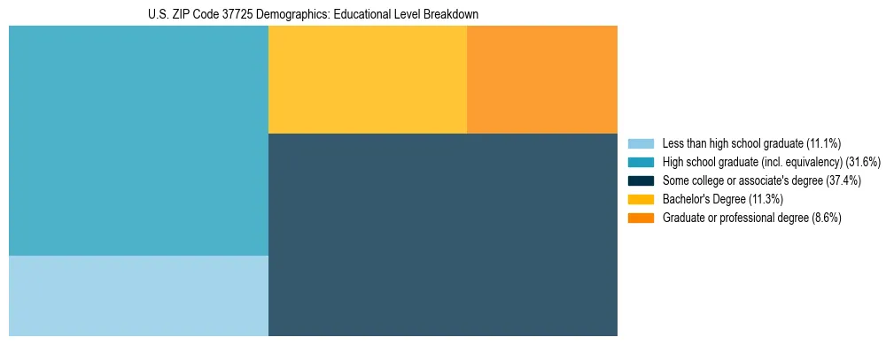 Treemap chart illustrating the educational attainment breakdown for population 25 years and over in US ZIP Code 37725.