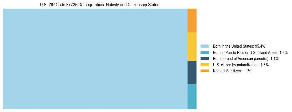 Treemap showing the population distribution by nativity and citizenship status in US ZIP Code 37725 based on U.S. Census data.