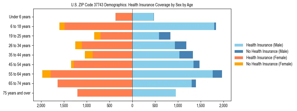 Pyramid chart showing health insurance coverage by age and sex in US ZIP Code 37743.