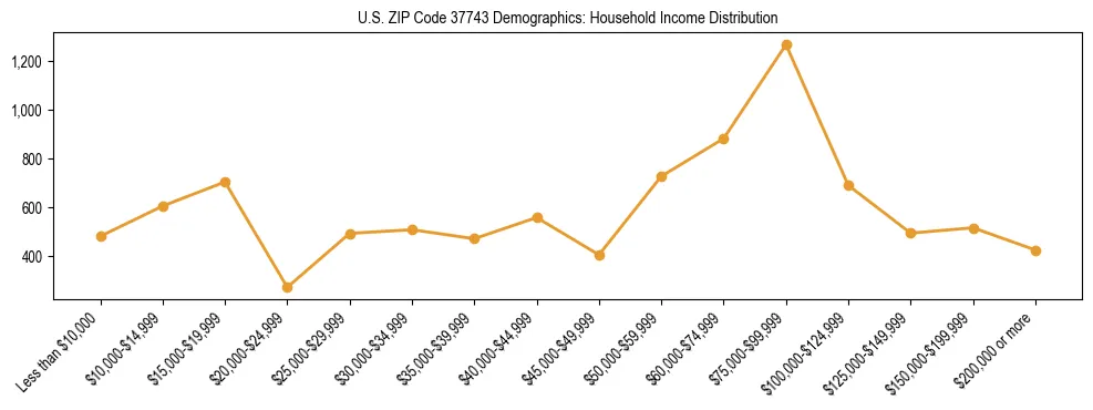 Horizontal bar chart showing household income distribution in US ZIP Code 37743.