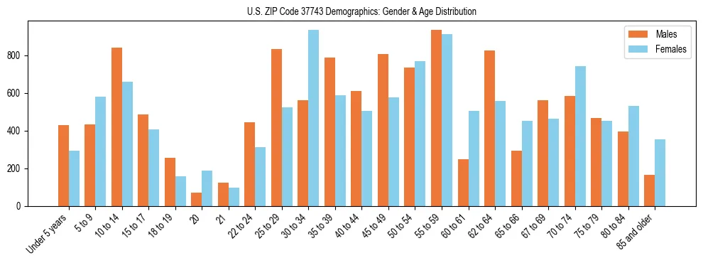Bar chart showing the population distribution of US ZIP Code 37743 by age group and gender, based on 2023 ACS data.