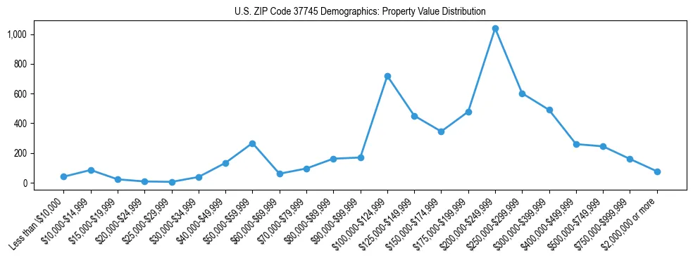 Line chart showing the distribution of property values for owner-occupied housing units in US ZIP Code 37745.