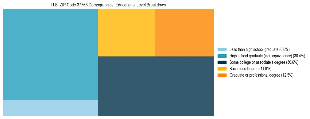 Treemap chart illustrating the educational attainment breakdown for population 25 years and over in US ZIP Code 37763.