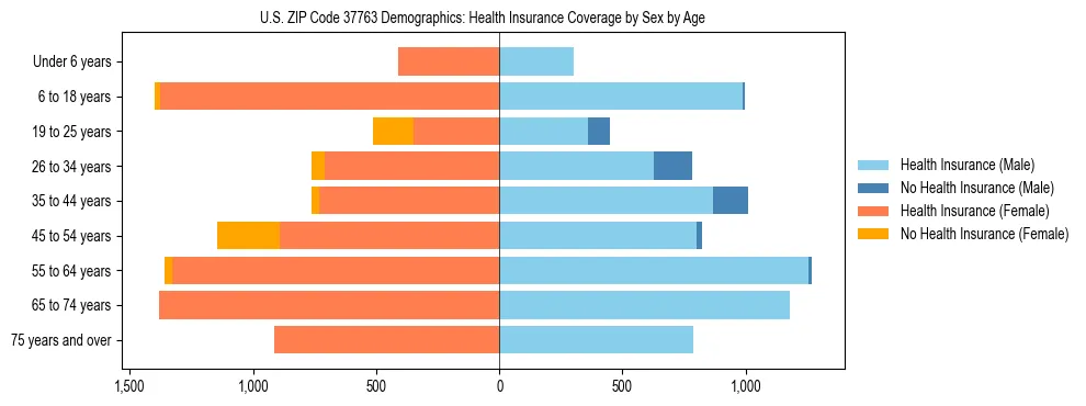 Pyramid chart showing health insurance coverage by age and sex in US ZIP Code 37763.