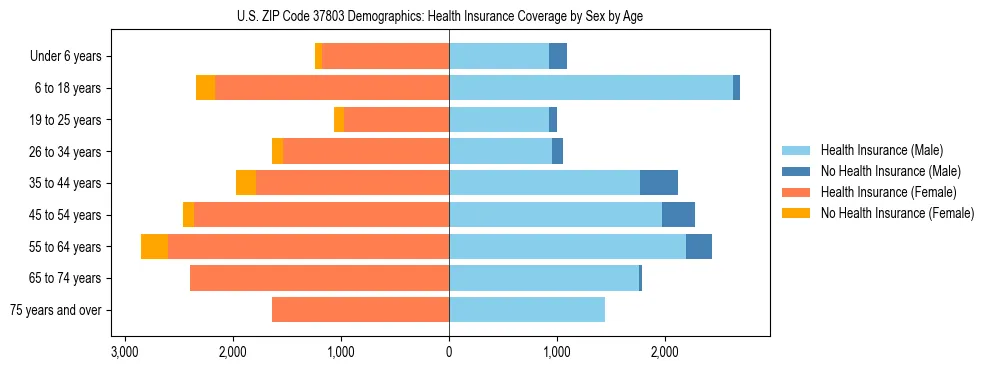 Pyramid chart showing health insurance coverage by age and sex in US ZIP Code 37803.
