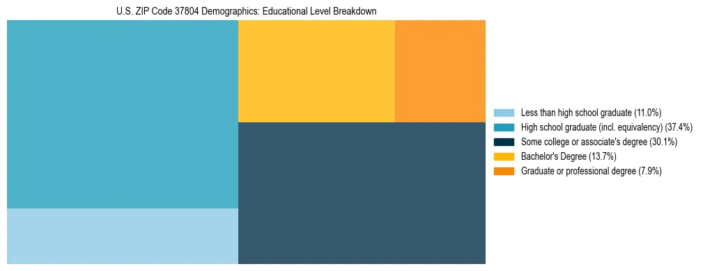 Treemap chart illustrating the educational attainment breakdown for population 25 years and over in US ZIP Code 37804.
