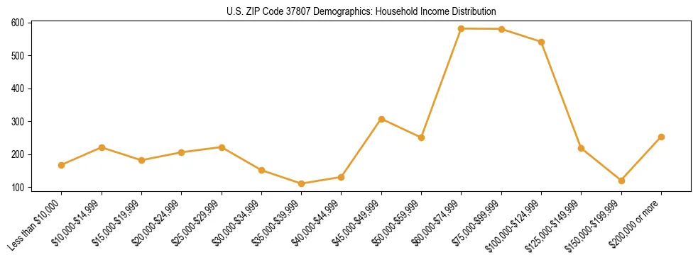 Horizontal bar chart showing household income distribution in US ZIP Code 37807.