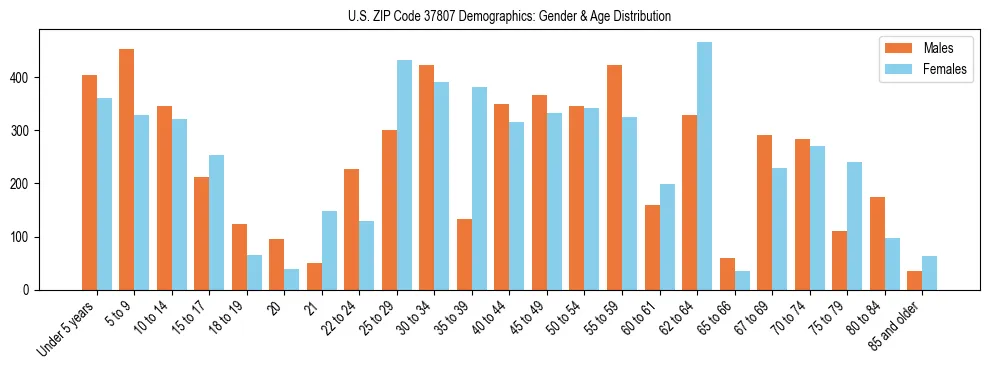 Bar chart showing the population distribution of US ZIP Code 37807 by age group and gender, based on 2023 ACS data.