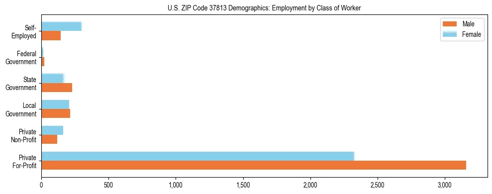 Horizontal bar chart showing employment distribution by class of worker and gender in US ZIP Code 37813, based on 2023 ACS data.