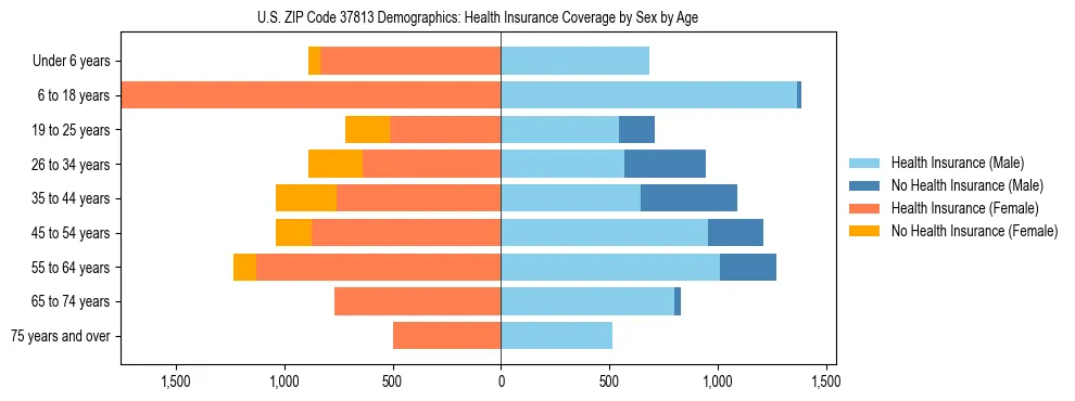 Pyramid chart showing health insurance coverage by age and sex in US ZIP Code 37813.