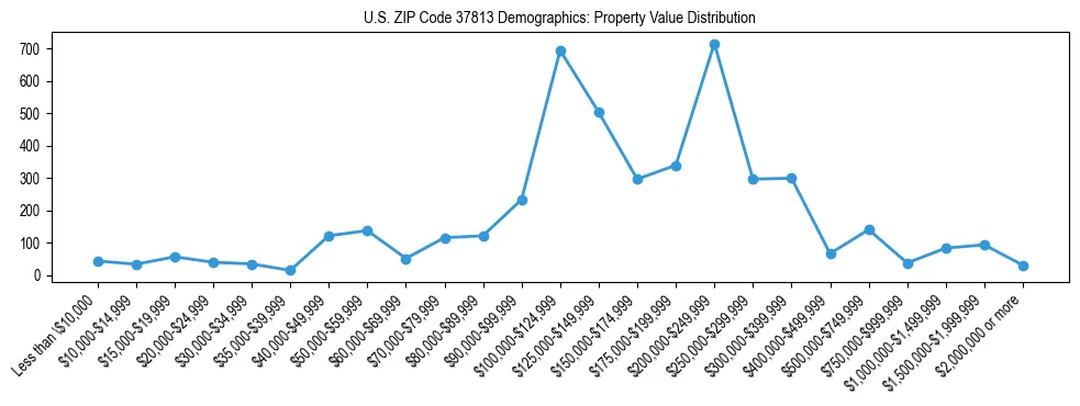 Line chart showing the distribution of property values for owner-occupied housing units in US ZIP Code 37813.