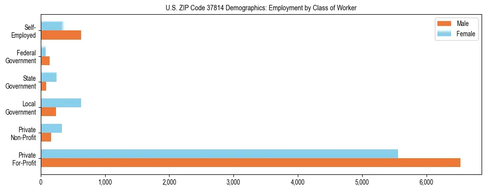 Horizontal bar chart showing employment distribution by class of worker and gender in US ZIP Code 37814, based on 2023 ACS data.