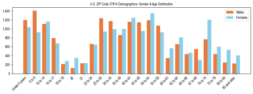 Bar chart showing the population distribution of US ZIP Code 37814 by age group and gender, based on 2023 ACS data.