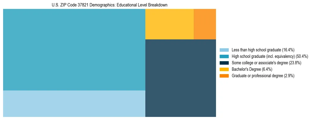 Treemap chart illustrating the educational attainment breakdown for population 25 years and over in US ZIP Code 37821.