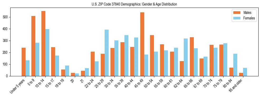 Bar chart showing the population distribution of US ZIP Code 37840 by age group and gender, based on 2023 ACS data.