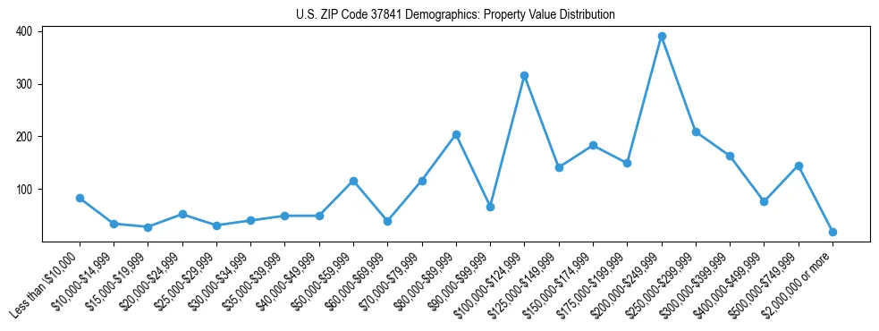 Line chart showing the distribution of property values for owner-occupied housing units in US ZIP Code 37841.