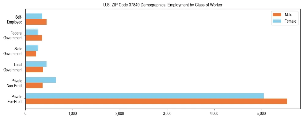 Horizontal bar chart showing employment distribution by class of worker and gender in US ZIP Code 37849, based on 2023 ACS data.
