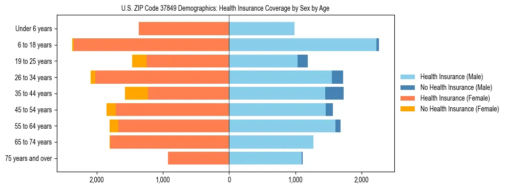 Pyramid chart showing health insurance coverage by age and sex in US ZIP Code 37849.