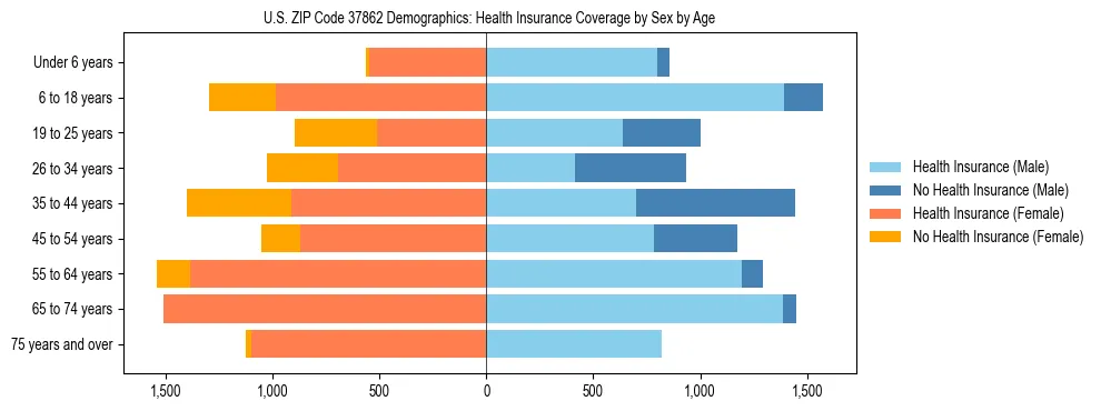 Pyramid chart showing health insurance coverage by age and sex in US ZIP Code 37862.